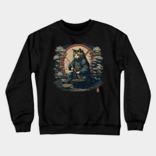 Cat samurai with a bowl of ramen Crewneck Sweatshirt